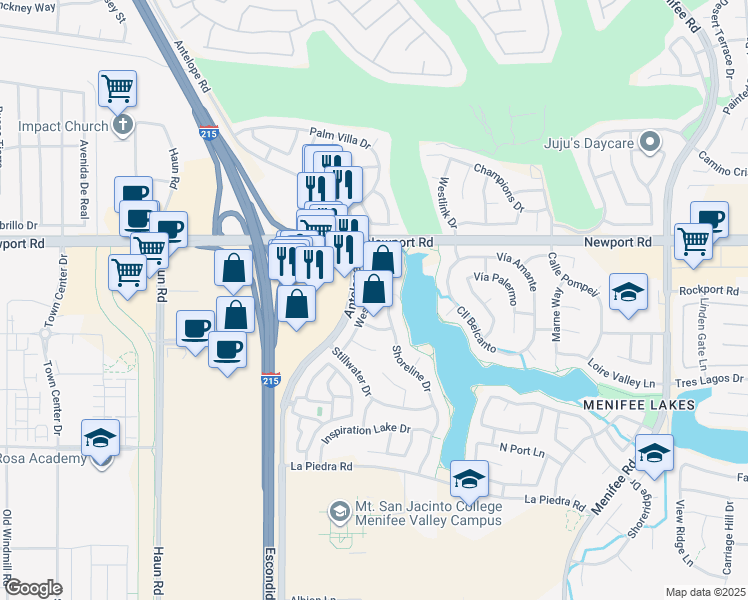 map of restaurants, bars, coffee shops, grocery stores, and more near 30146 Westlake Drive in Menifee