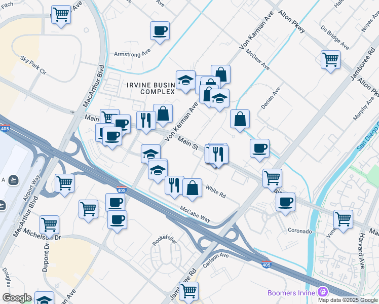 map of restaurants, bars, coffee shops, grocery stores, and more near 2350 Main Street in Irvine