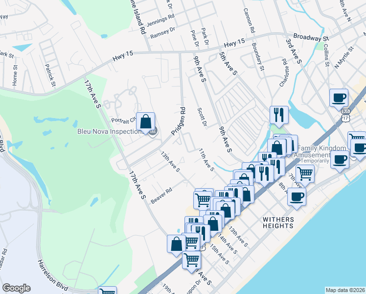 map of restaurants, bars, coffee shops, grocery stores, and more near 1203 Erin Way in Myrtle Beach