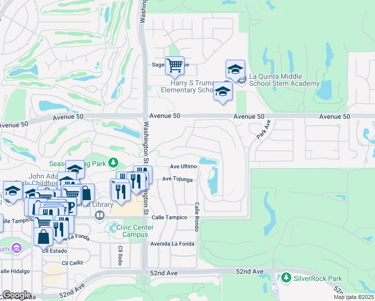 map of restaurants, bars, coffee shops, grocery stores, and more near 78755 Castle Pines Drive in La Quinta