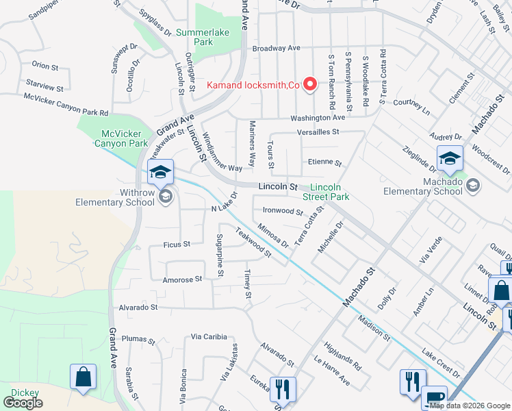 map of restaurants, bars, coffee shops, grocery stores, and more near 15120 Ironwood Street in Lake Elsinore
