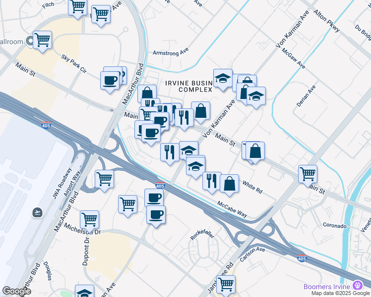 map of restaurants, bars, coffee shops, grocery stores, and more near 17901 Von Karman Avenue in Irvine