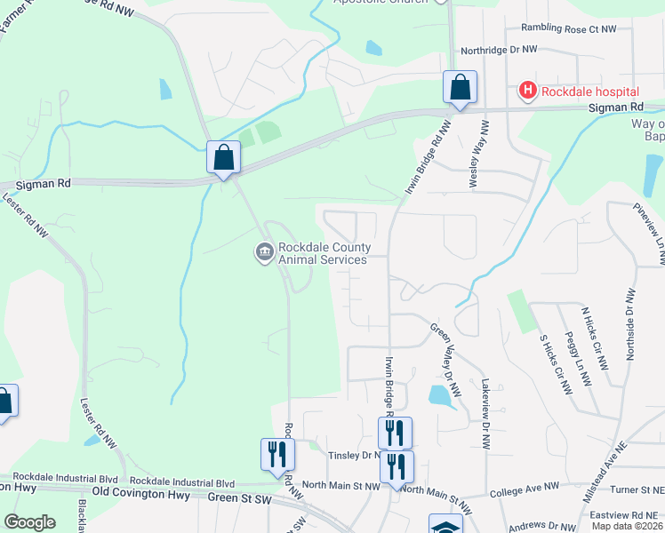 map of restaurants, bars, coffee shops, grocery stores, and more near 1206 Creek Forest Court Northwest in Conyers