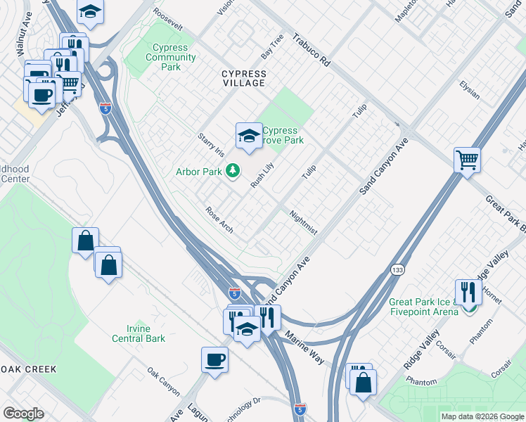 map of restaurants, bars, coffee shops, grocery stores, and more near 90 Plum Feather in Irvine