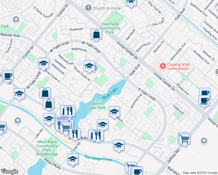 map of restaurants, bars, coffee shops, grocery stores, and more near 19 Lakeview in Irvine