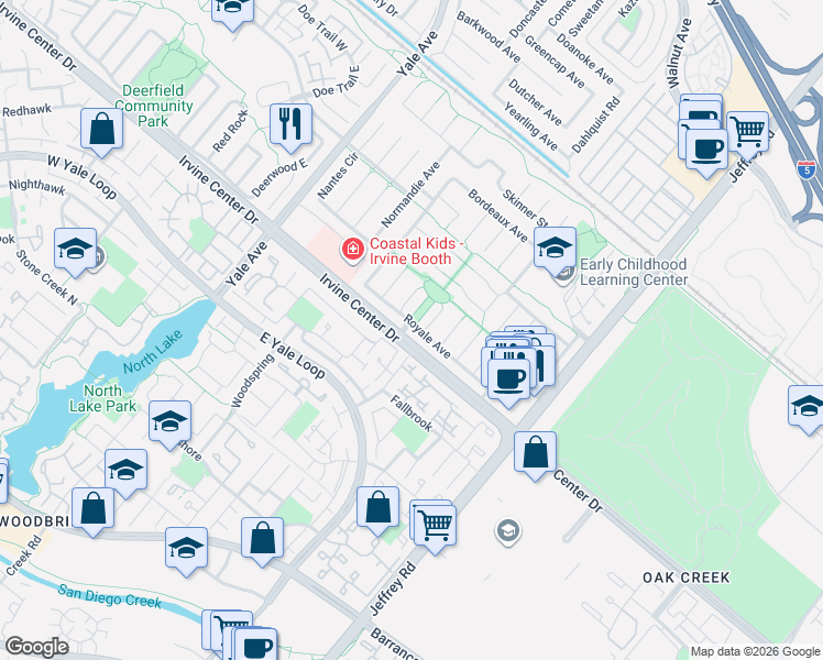 map of restaurants, bars, coffee shops, grocery stores, and more near 5192 Royale Avenue in Irvine