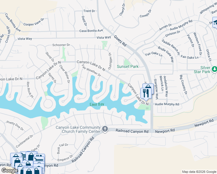 map of restaurants, bars, coffee shops, grocery stores, and more near 30184 Skippers Way Drive in Canyon Lake