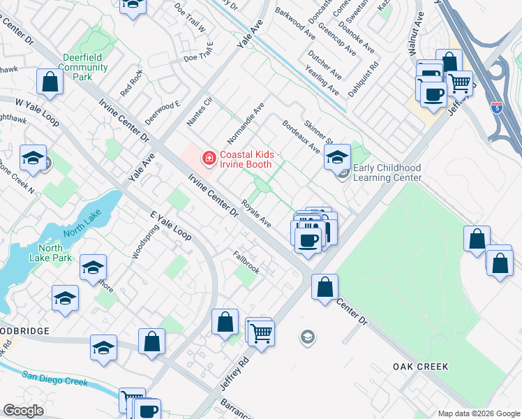 map of restaurants, bars, coffee shops, grocery stores, and more near 15442 Eiffel Circle in Irvine