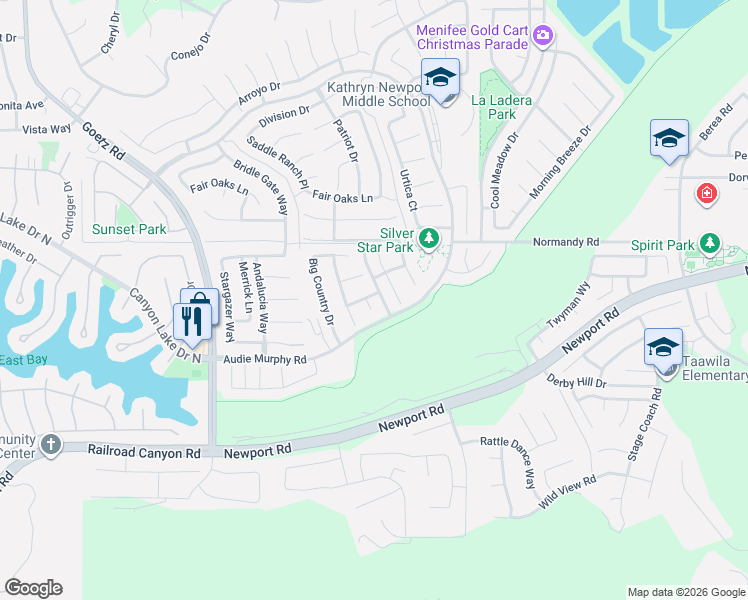 map of restaurants, bars, coffee shops, grocery stores, and more near 30268 Old Mill Road in Menifee