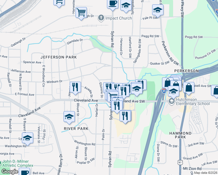 map of restaurants, bars, coffee shops, grocery stores, and more near in East Point