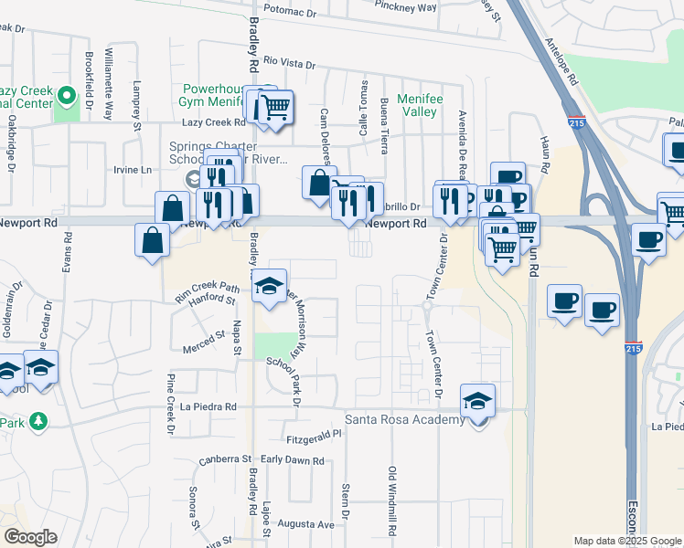 map of restaurants, bars, coffee shops, grocery stores, and more near 27201 Kepler Street in Menifee