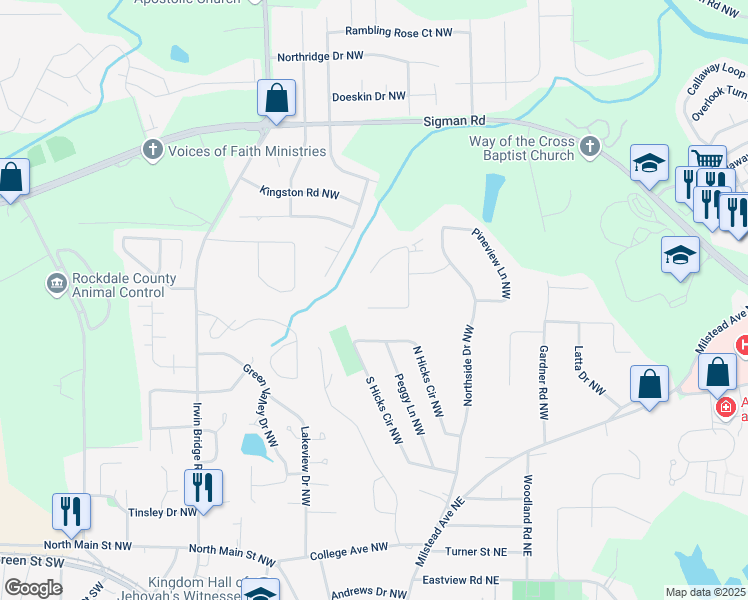 map of restaurants, bars, coffee shops, grocery stores, and more near 1453 Reagan Circle Northwest in Conyers