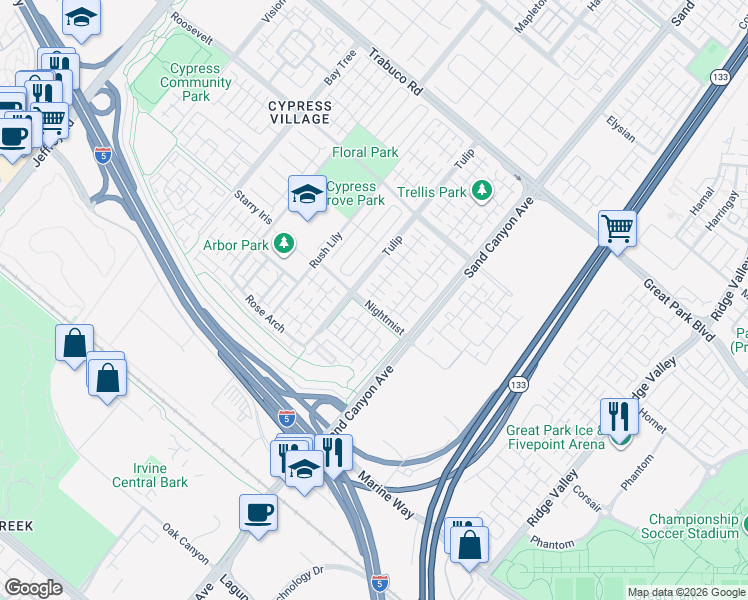 map of restaurants, bars, coffee shops, grocery stores, and more near 121 Tallowood in Irvine