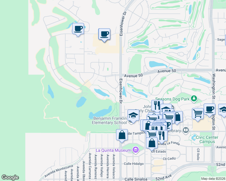 map of restaurants, bars, coffee shops, grocery stores, and more near 50171 Calle Maria in La Quinta