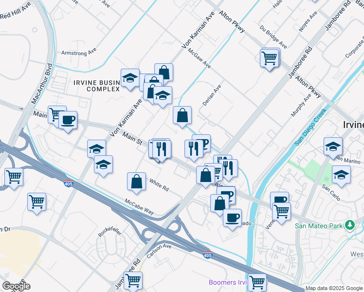 map of restaurants, bars, coffee shops, grocery stores, and more near 2555 Main Street in Irvine