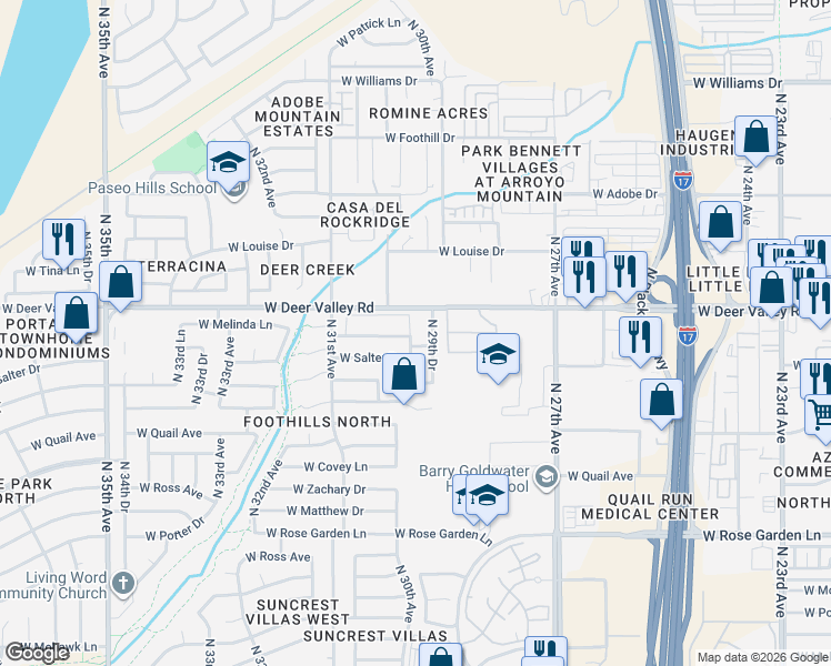 map of restaurants, bars, coffee shops, grocery stores, and more near 3016 West Salter Drive in Phoenix