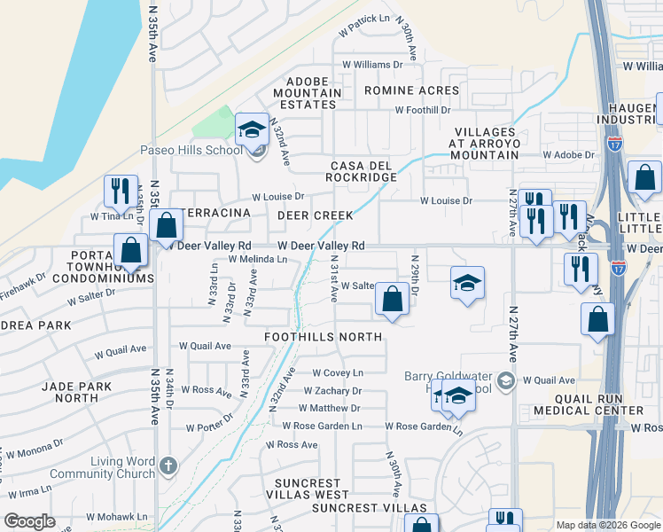 map of restaurants, bars, coffee shops, grocery stores, and more near 3108 West Salter Drive in Phoenix