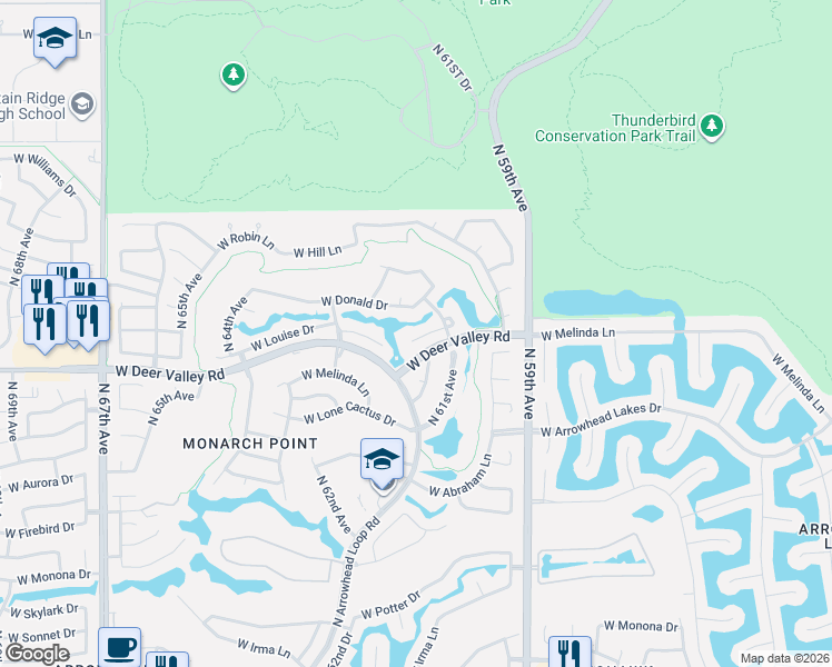 map of restaurants, bars, coffee shops, grocery stores, and more near 6129 West Louise Drive in Glendale
