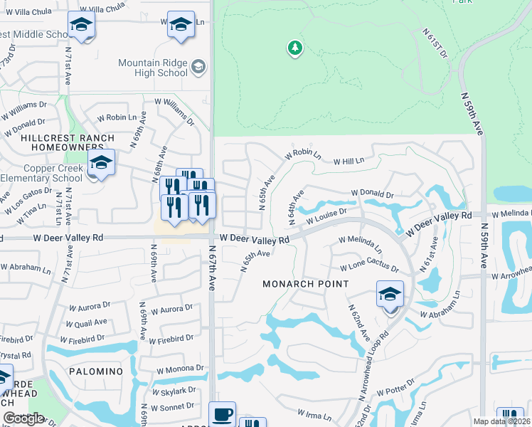 map of restaurants, bars, coffee shops, grocery stores, and more near 21915 North 65th Avenue in Glendale