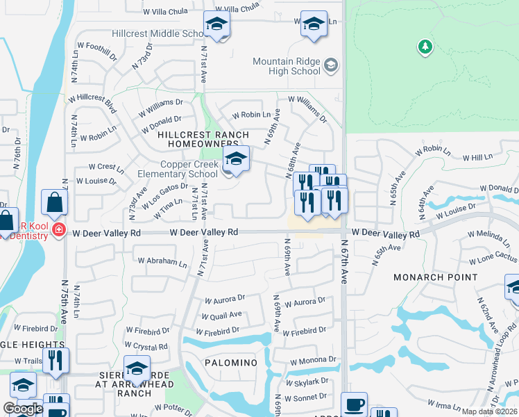 map of restaurants, bars, coffee shops, grocery stores, and more near 6930 West Via Del Sol Drive in Glendale