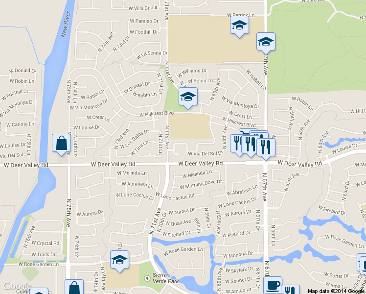 map of restaurants, bars, coffee shops, grocery stores, and more near 7020 West Via Del Sol Drive in Glendale