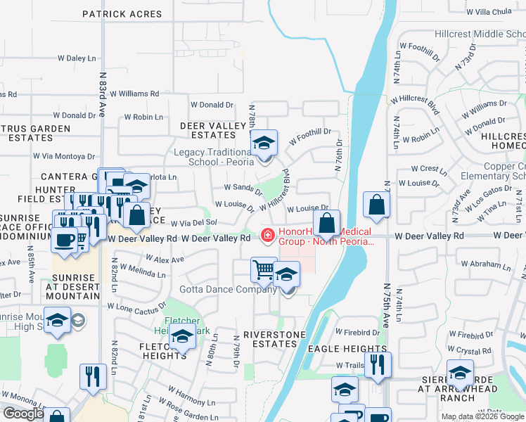 map of restaurants, bars, coffee shops, grocery stores, and more near 7856 West Vía Del Sol in Peoria