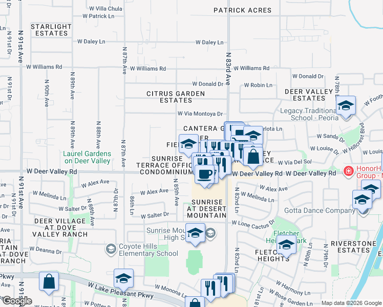 map of restaurants, bars, coffee shops, grocery stores, and more near 8430 West Deer Valley Road in Peoria
