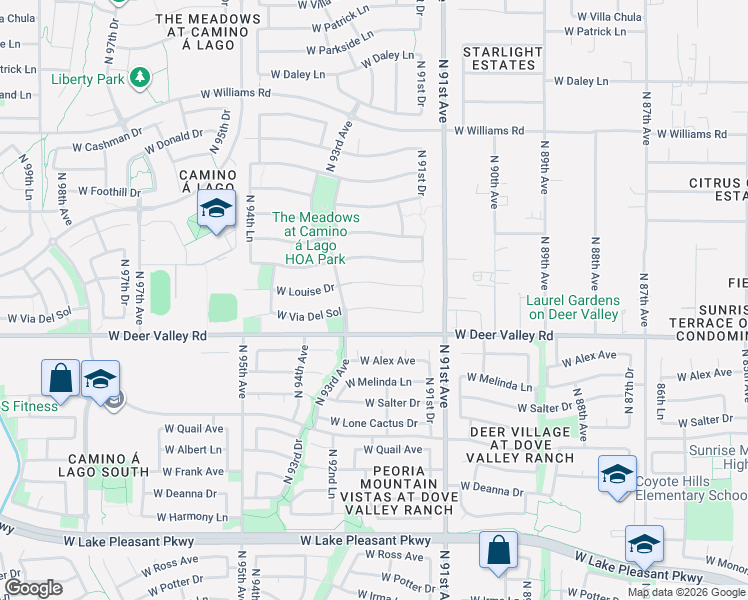 map of restaurants, bars, coffee shops, grocery stores, and more near 9243 West Via Del Sol in Peoria