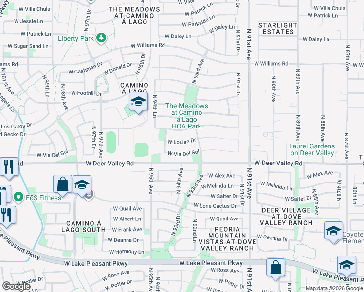 map of restaurants, bars, coffee shops, grocery stores, and more near 9368 West Via Del Sol in Peoria