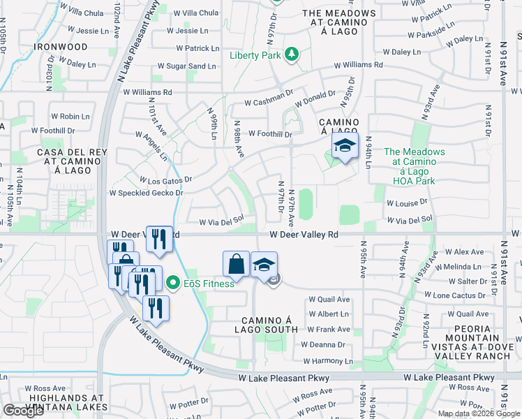 map of restaurants, bars, coffee shops, grocery stores, and more near 9817 West Via Del Sol in Peoria