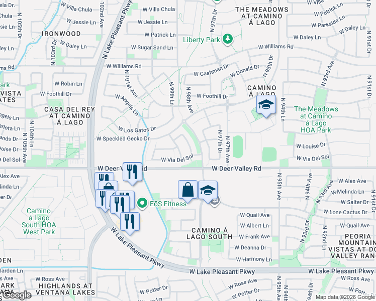 map of restaurants, bars, coffee shops, grocery stores, and more near 21921 North 98th Lane in Peoria