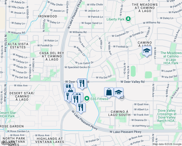 map of restaurants, bars, coffee shops, grocery stores, and more near 21922 North 100th Avenue in Peoria
