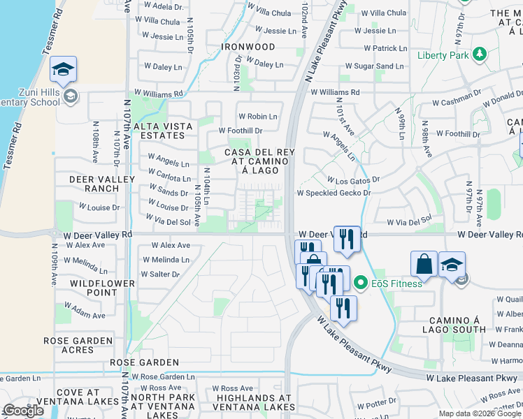 map of restaurants, bars, coffee shops, grocery stores, and more near 21024 North 102nd Lane in Peoria