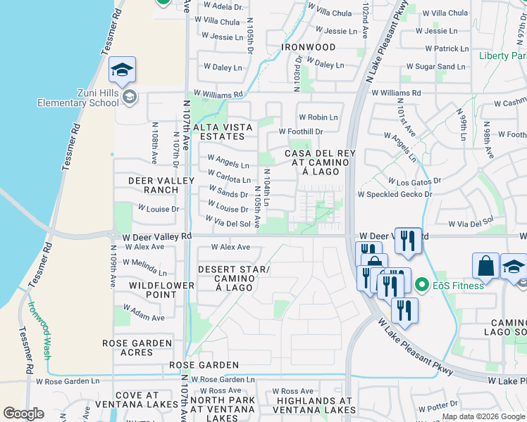 map of restaurants, bars, coffee shops, grocery stores, and more near 21875-21949 North 105th Avenue in Peoria