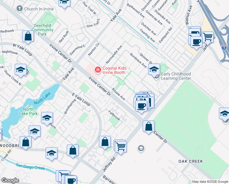 map of restaurants, bars, coffee shops, grocery stores, and more near 5192 Royale Avenue in Irvine