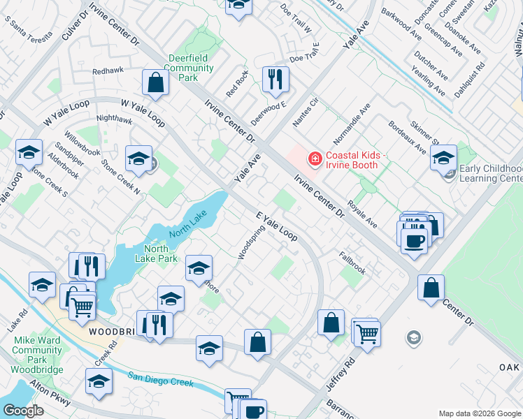 map of restaurants, bars, coffee shops, grocery stores, and more near 30 East Yale Loop in Irvine