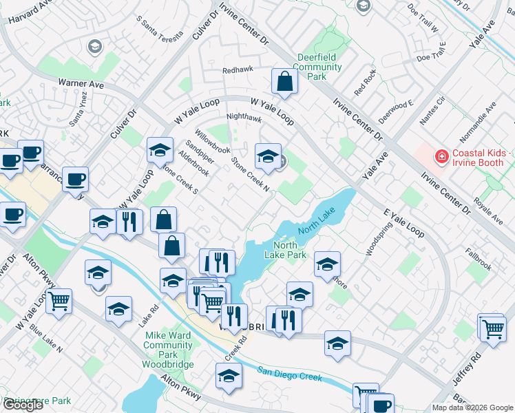 map of restaurants, bars, coffee shops, grocery stores, and more near 79 Lakeview in Irvine