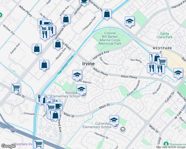 map of restaurants, bars, coffee shops, grocery stores, and more near 107 Murica Aisle in Irvine