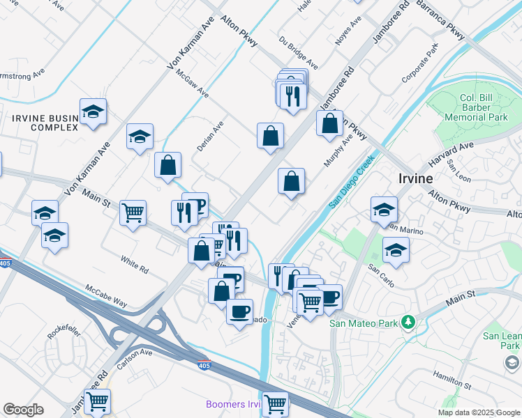 map of restaurants, bars, coffee shops, grocery stores, and more near 2853 Kelvin Avenue in Irvine