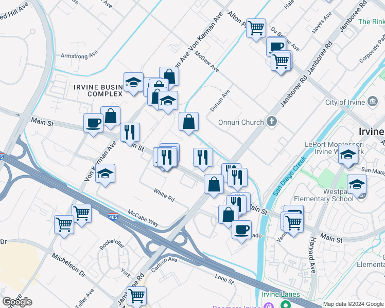 map of restaurants, bars, coffee shops, grocery stores, and more near 2555 Siglo in Irvine