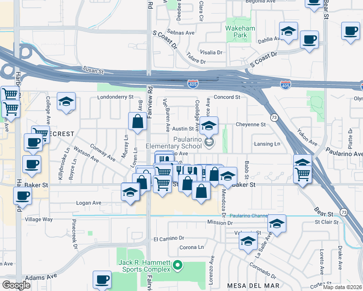 map of restaurants, bars, coffee shops, grocery stores, and more near 1130 Paularino Avenue in Costa Mesa