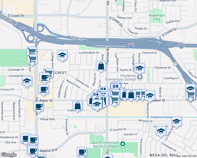 map of restaurants, bars, coffee shops, grocery stores, and more near 3065 Loren Lane in Costa Mesa