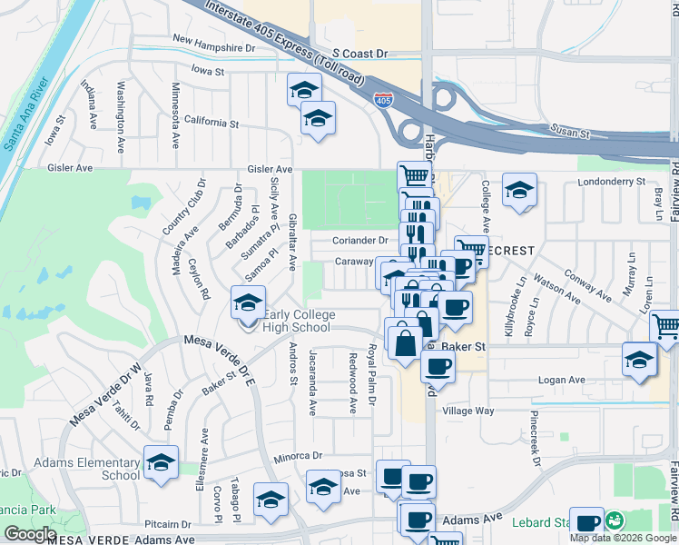 map of restaurants, bars, coffee shops, grocery stores, and more near 3094 Coral Avenue in Costa Mesa