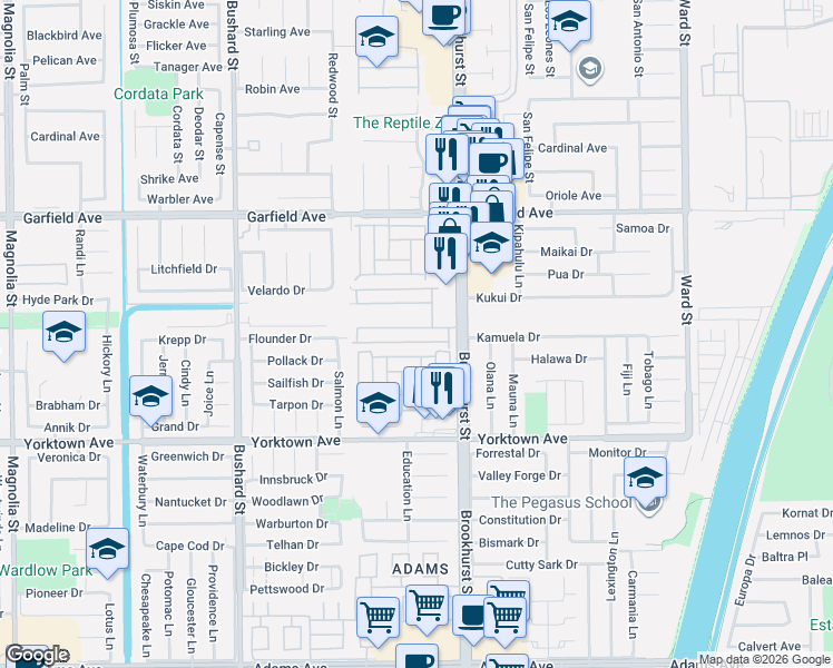 map of restaurants, bars, coffee shops, grocery stores, and more near 19361 Brookhurst Street in Huntington Beach
