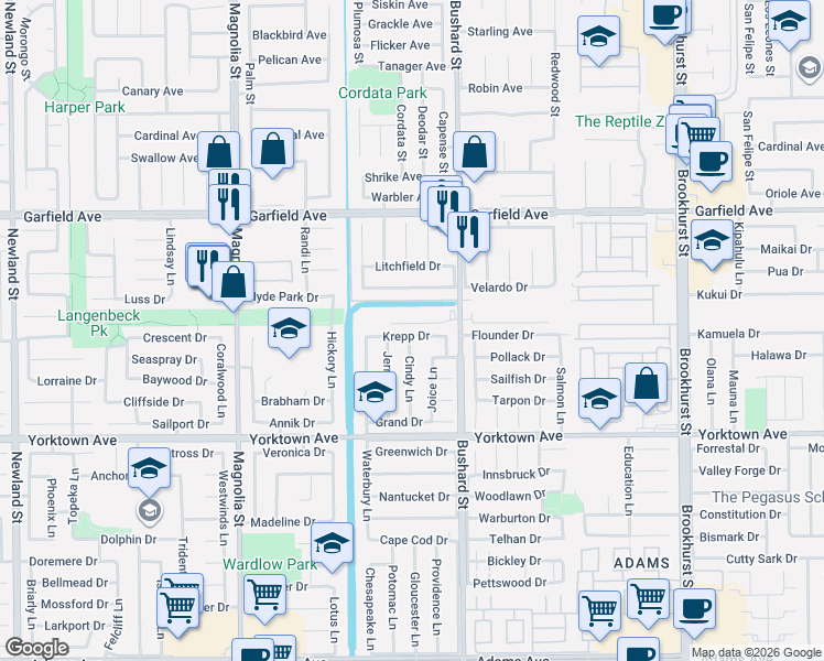 map of restaurants, bars, coffee shops, grocery stores, and more near 19292 Cindy Lane in Huntington Beach