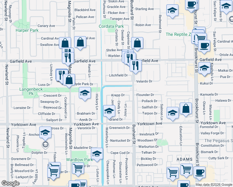 map of restaurants, bars, coffee shops, grocery stores, and more near 19292 Cindy Lane in Huntington Beach