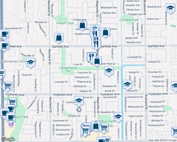 map of restaurants, bars, coffee shops, grocery stores, and more near 8892 Crescent Drive in Huntington Beach
