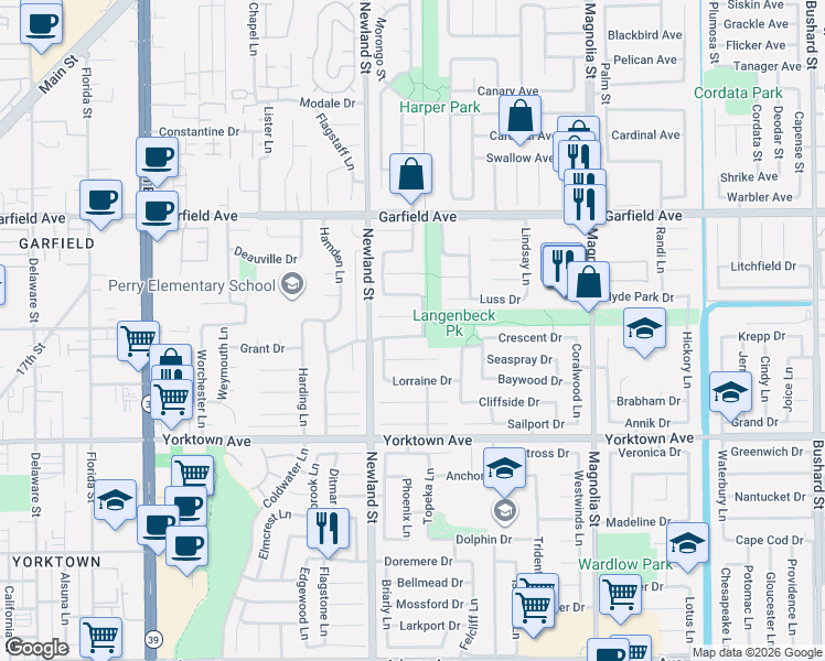 map of restaurants, bars, coffee shops, grocery stores, and more near 8632 Naples Drive in Huntington Beach