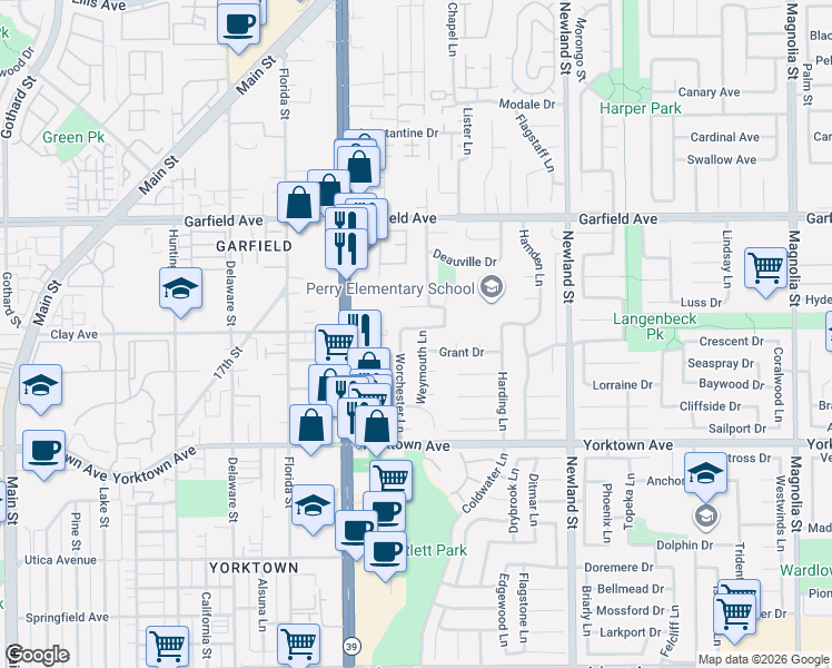 map of restaurants, bars, coffee shops, grocery stores, and more near 8171 Grant Drive in Huntington Beach