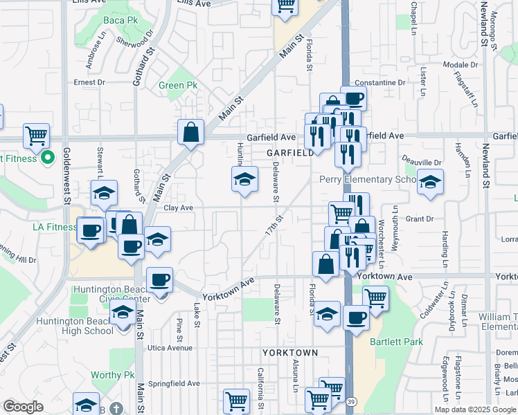 map of restaurants, bars, coffee shops, grocery stores, and more near 312 Clay Avenue in Huntington Beach